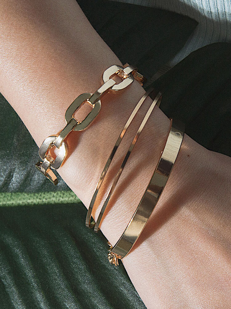 3 Pcs/Set Trendy Simple Solid Color Geometric Chain Shape Alloy All-match Bracelets
