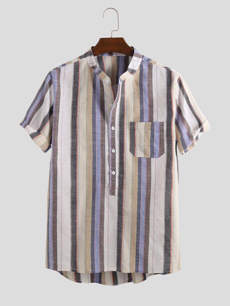 Mens Vintage Striped Short Sleeve Casual Henley Shirts