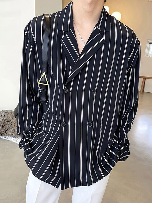 Mens Striped Lapel Double Breasted Casual Shirt