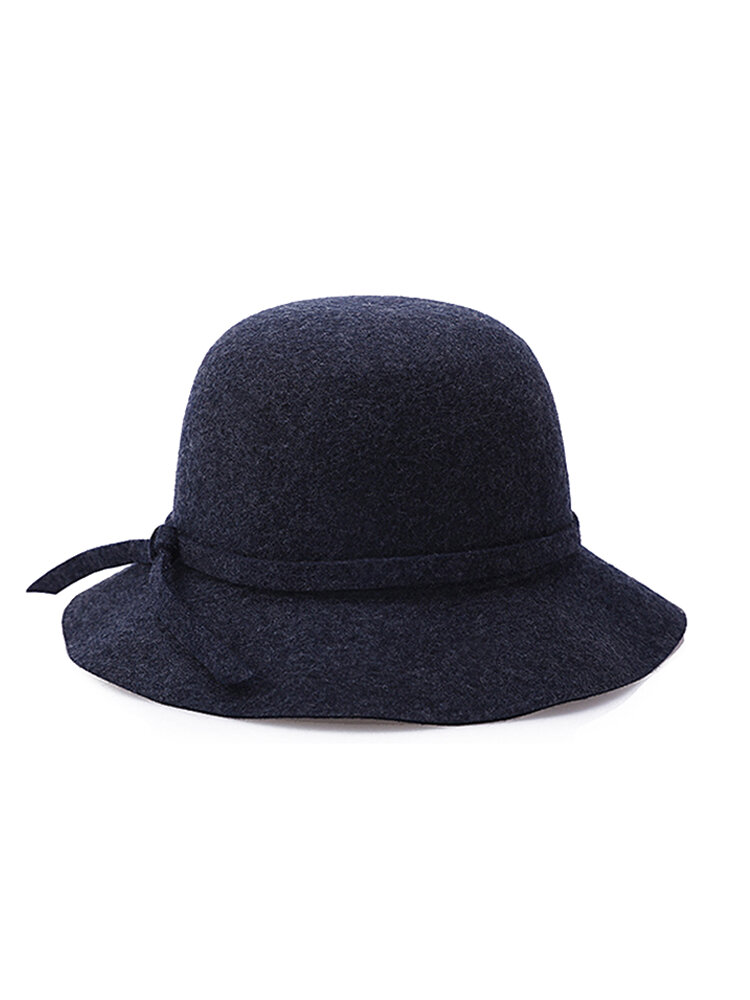 

Women Wool Fedora Dome Bucket Hat Elegant British Style Bow Tie Wide Brim Bowler Hat, Black;navy;wine;camel;brown