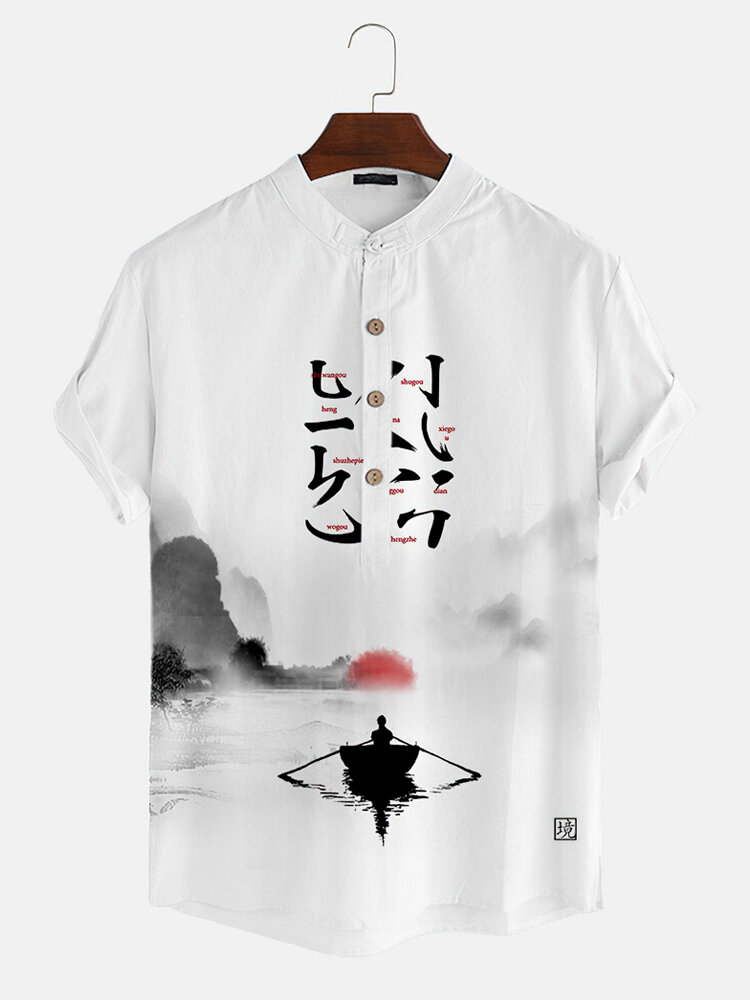 Camisas henley de medio botón con pintura de tinta de paisaje chino para hombre