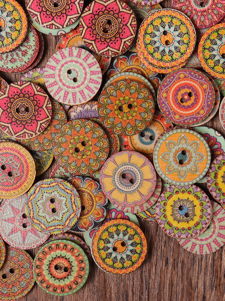 100Pcs Retro Flower Round Bohemian Wooden Buttons 20/25mm Decoration Sewing Butoons