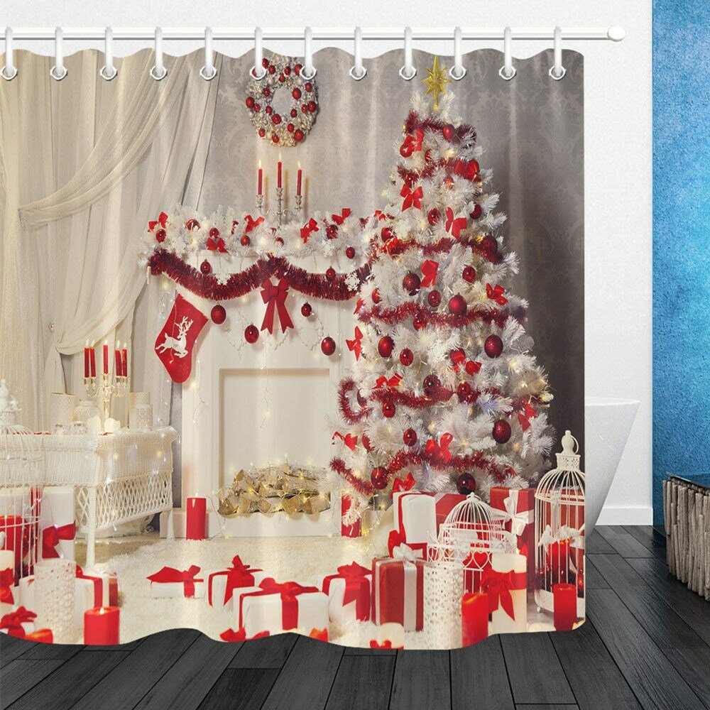 180x180cm Red Christmas Tree Curtain Decorative Waterproof Bathroom Shower Curtain Floormat