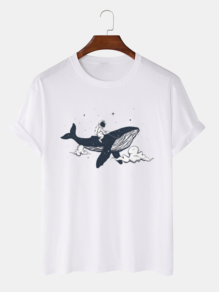 Mens Astronaut Whale Print Crew Neck Short Sleeve Cotton T-Shirts