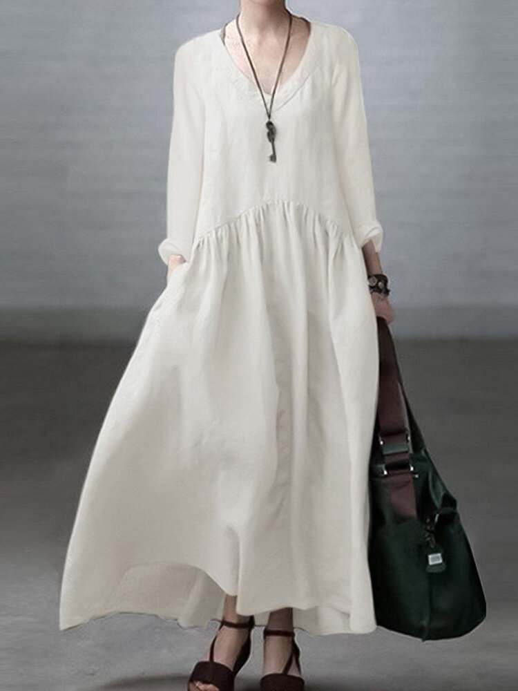 Однотонный карман с длинным рукавом и V-образным вырезом Платье Для Женское