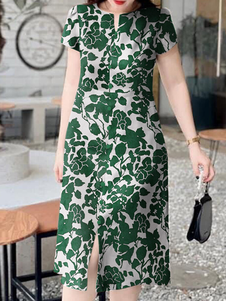 Women Floral Print Button Design Split Hem Short Sleeve Dress