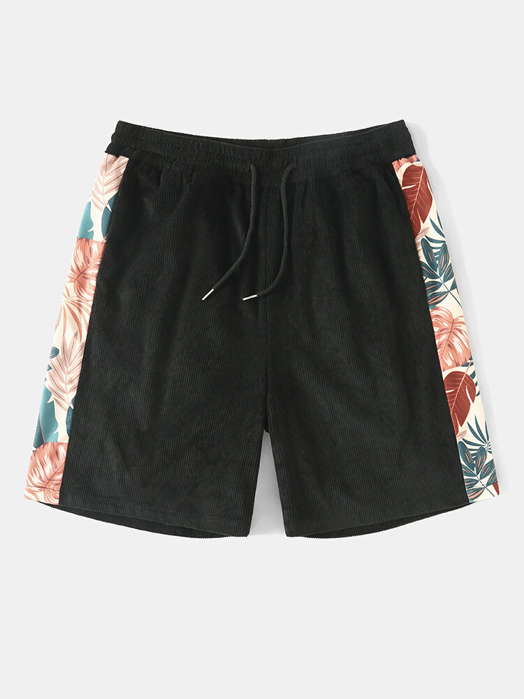 Mens Tropical Plant Side Print Patchwork Corduroy Casual Drawstring Shorts