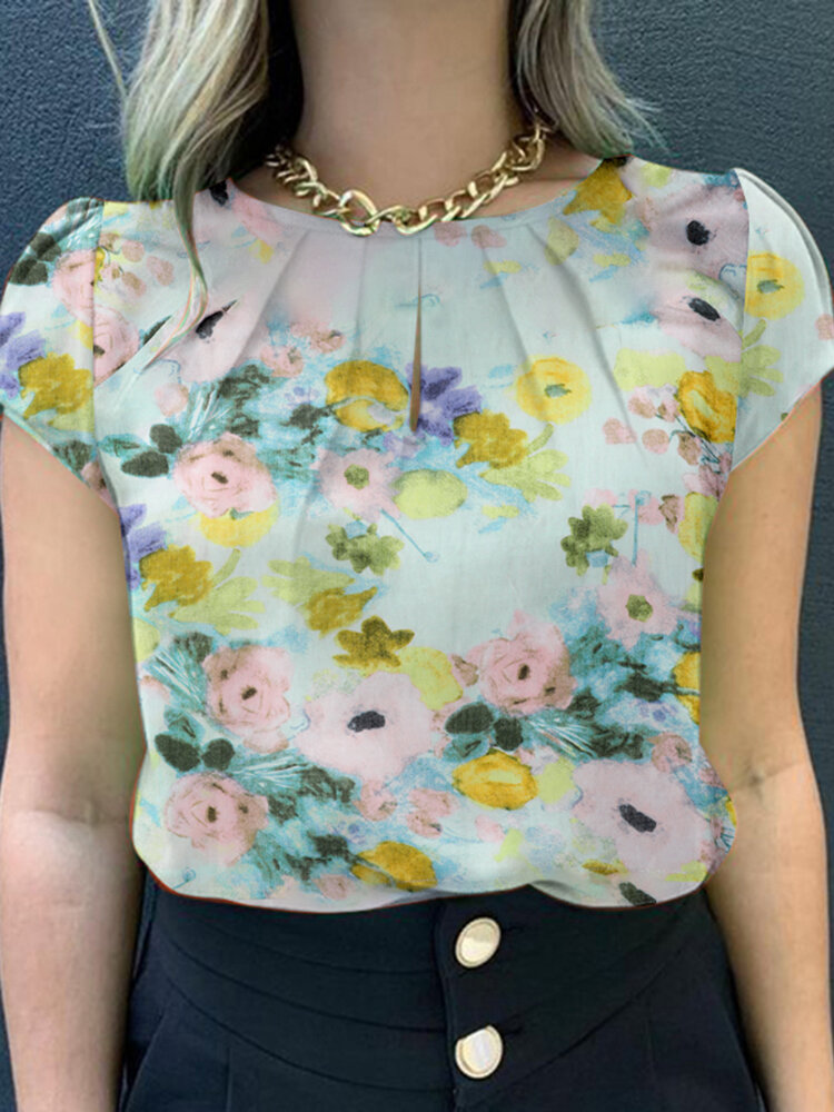 Women Watercolor Floral Print Keyhole Pleated Short Sleeve Blouse