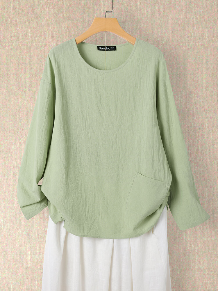 Solid Pocket Frog Button Long Sleeve Casual Blouse