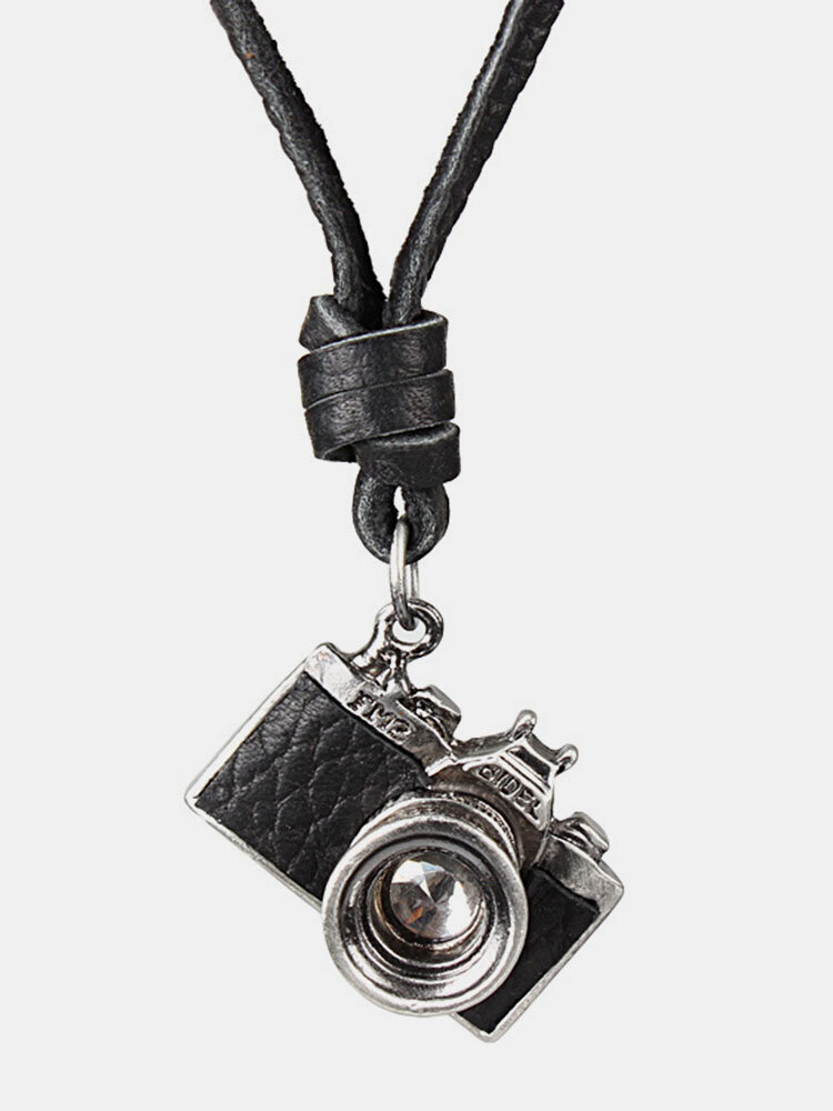 Vintage Cowhide Necklace Men's Camera Pendant Necklace Alloy Leather Couple Jewelry