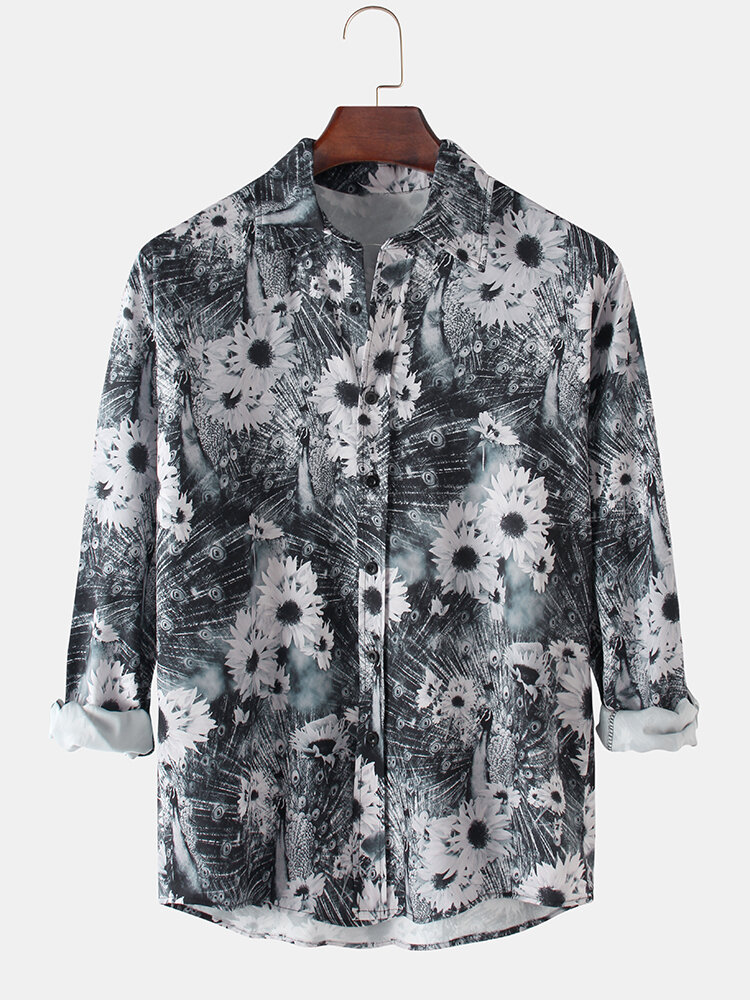 Mens Allover Sunflower Printing Light Casual Button Up Long Sleeve Shirts