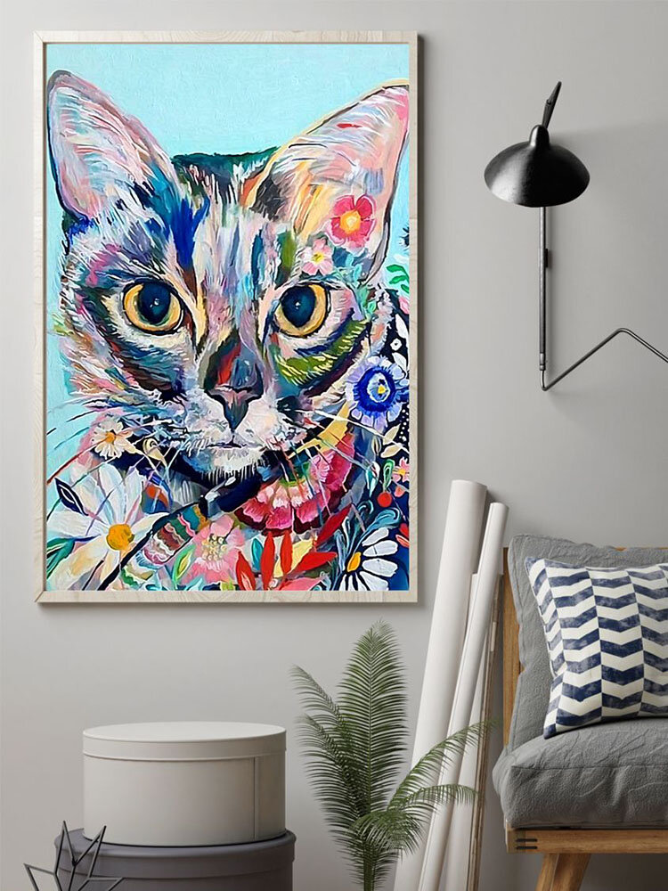 

Colorful Cat And Floral Overlay Print Pattern Canvas Painting Unframed Wall Art Canvas Living Room Home Decor