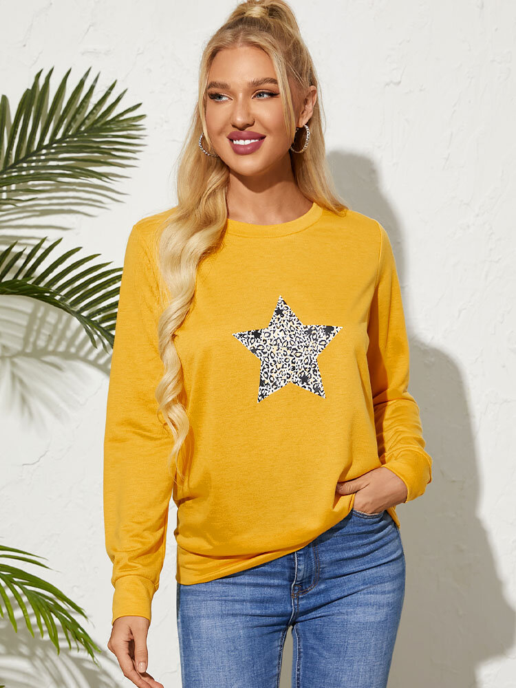 Stars Langarm-Sweatshirt mit Rundhalsausschnitt und Leopardenmuster Damen