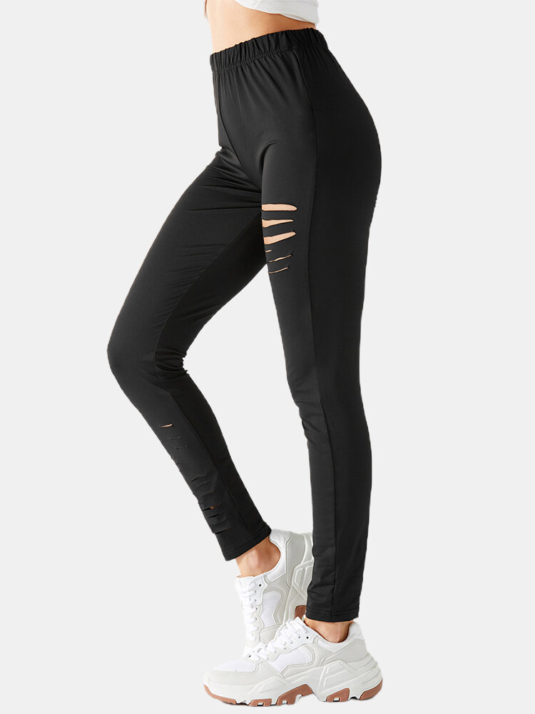 Famous Tiktok Leggings Solid Color Elastic Waist Ripped Casual Pants for Women