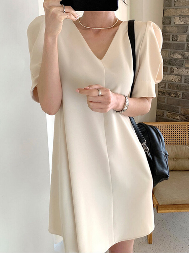 Элегантный сплошной цвет с коротким рукавом и V-образным вырезом Платье