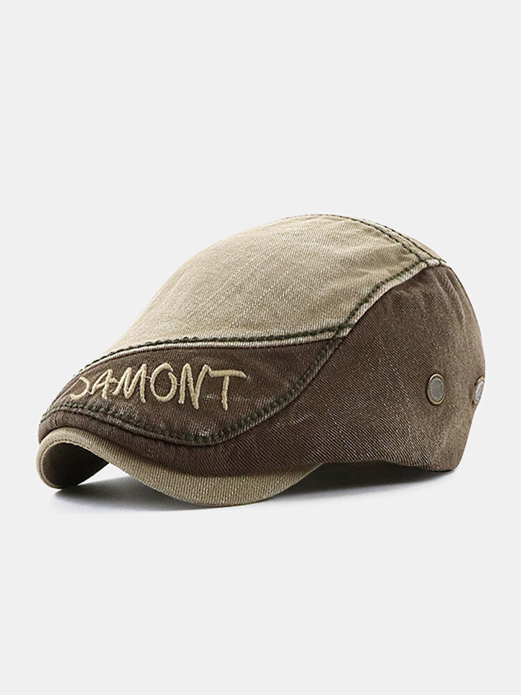 Men Washed Distressed Cotton Color Contrast Patchwork Letter Embroidery Casual Beret Flat Cap