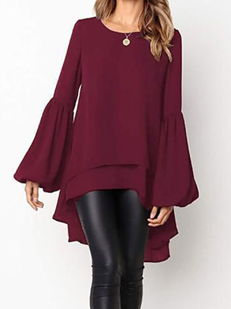 Front Two-layer Lantern Sleeves Long-sleeved Hem Stitching Blouse