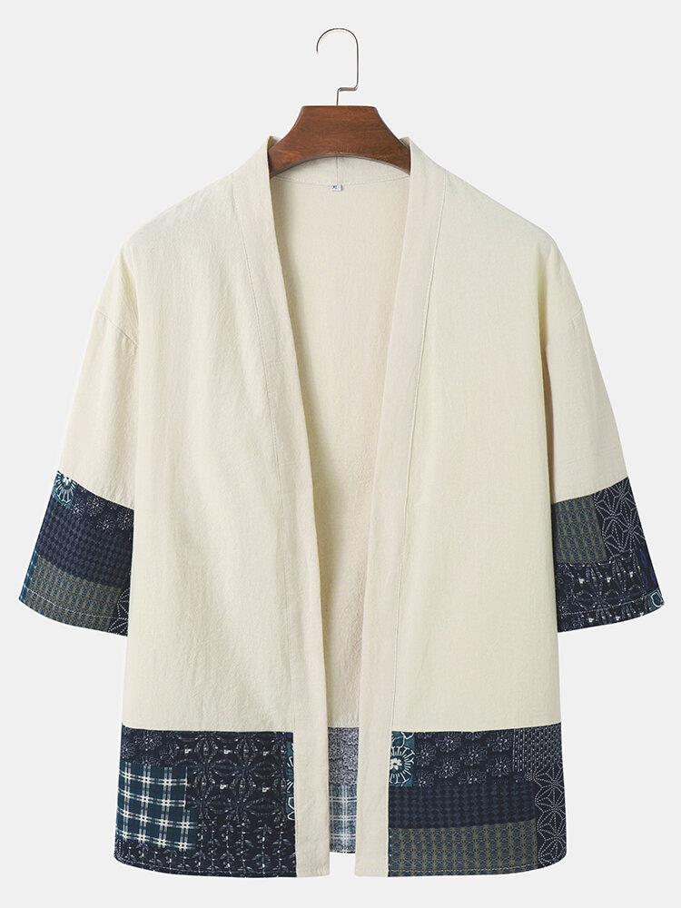 Mens Ethnic Pattern Stitching Open Front Casual Kimono