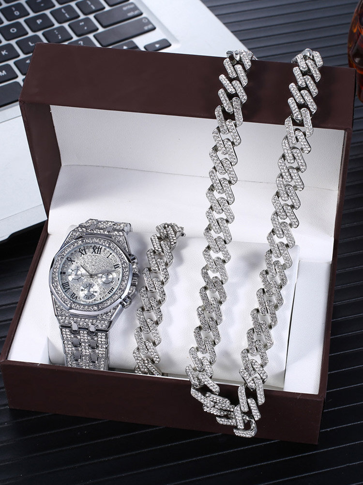 3 Pcs/Set Alloy Stainless Steel Men Women Business Watch Decorated Pointer Quartz Watch Bracelet Necklace