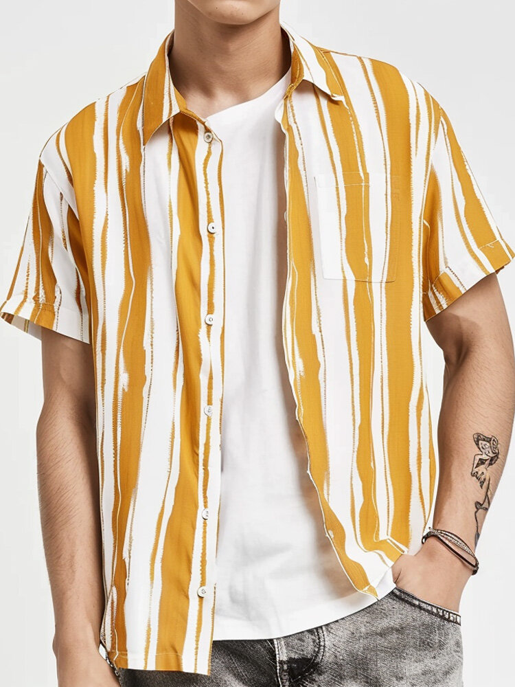 

Mens Striped Chest Pocket Lapel Collar Casual Short Sleeve Shirts, Yellow
