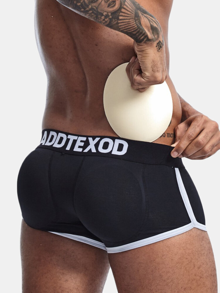 Men Padded Boxer Briefs Sexy Butt Lifting Cotton Comfortable Patchwork Pouch Striped Belt Underwear