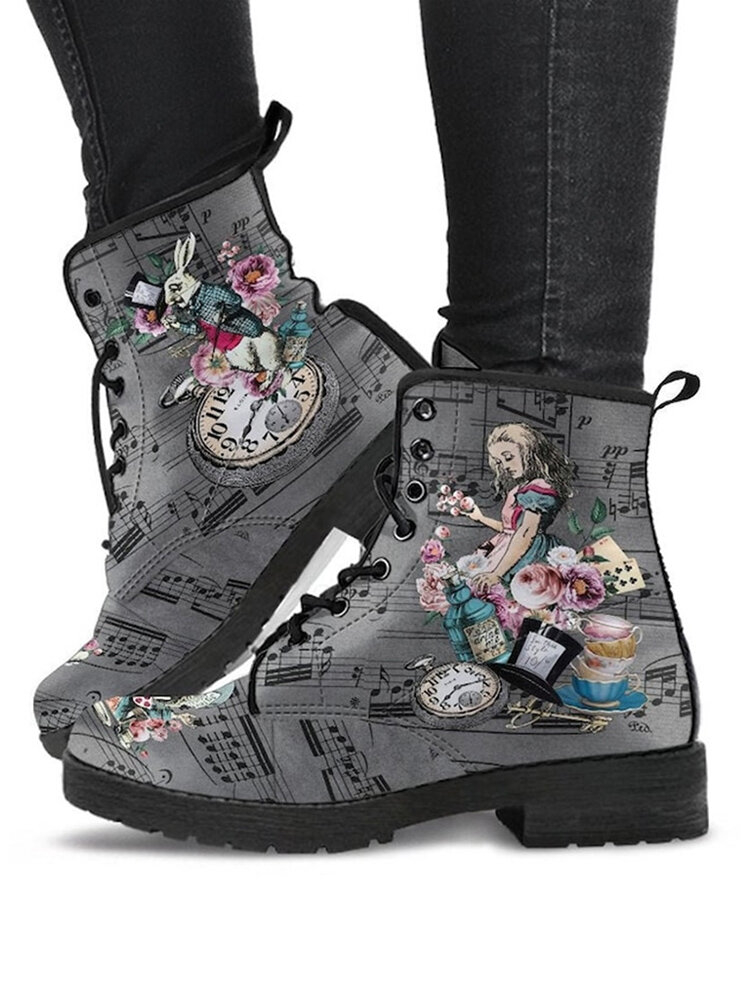 Large Size Casual Cartoon Print Lace-up Comfortable Combat Boots For Women