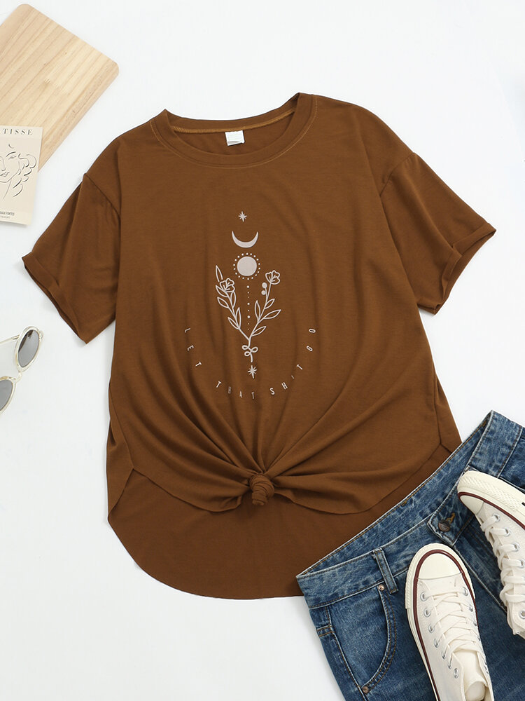 Plants Letters Sun Moon Graphic Short Sleeve Loose T-shirt