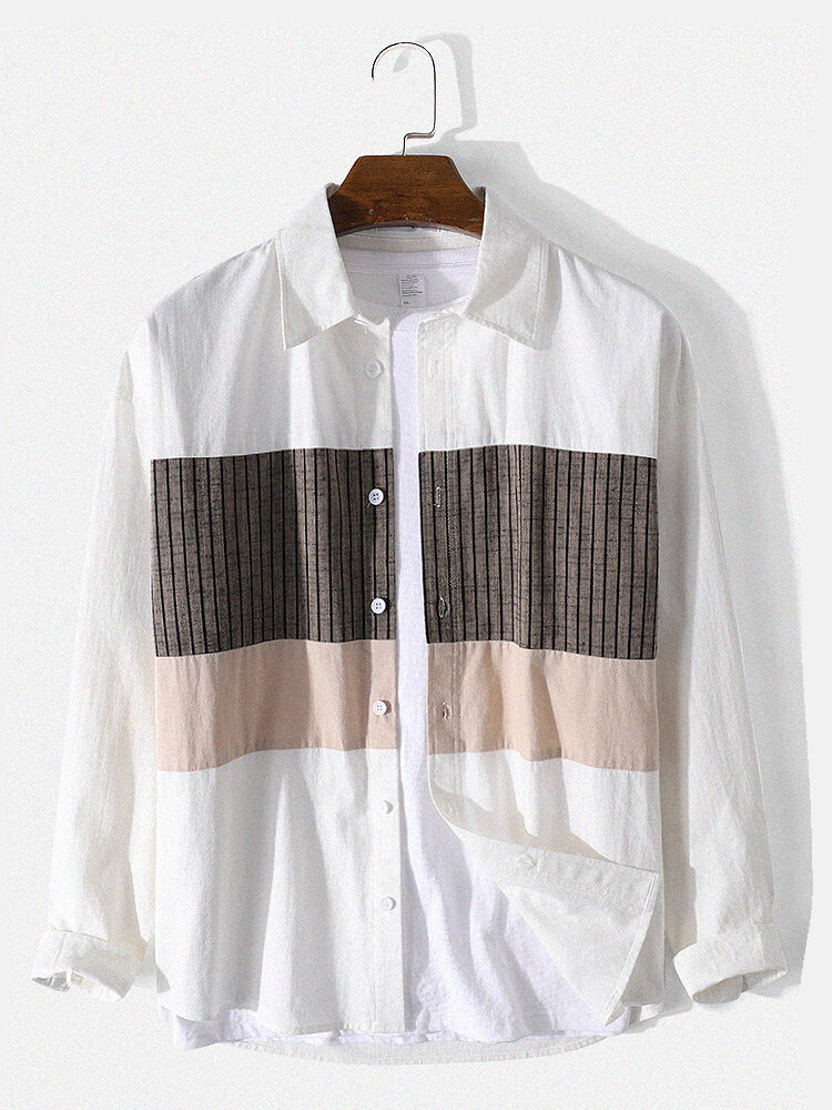 Mens Patchwork Chest Color Block Lapel 100% Cotton Shirt
