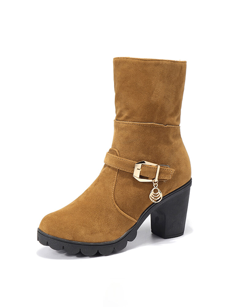 New Trendy Sweet Lamb Wool Zipper Square Heel Short-Calf Winter Boots For Women