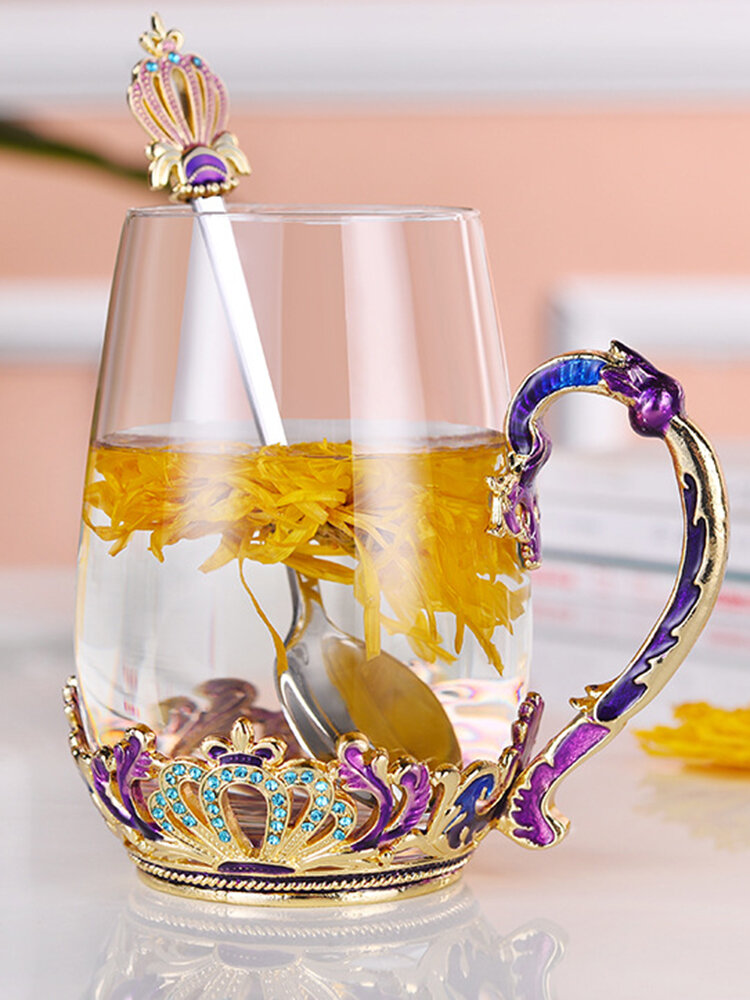 

Enamel Crystal Glass Rose Flower Tea Cup Set Spoon Coffee Cup Beer Mug Kit Wedding Gift