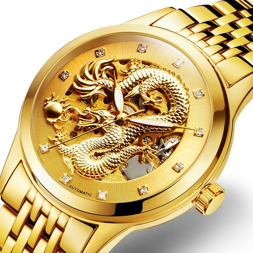 

POLOBOSS Mens Dragon Mechanical Watches Engraved Skeleton Dragon Stainless Steel Automatic Watches