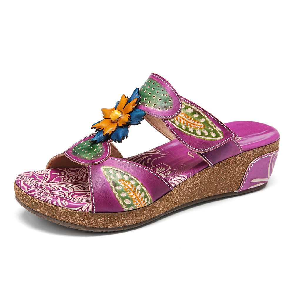 Handmade Leather Beaded Floral Adjustable Strap Slip on Slides Wedge Sandals