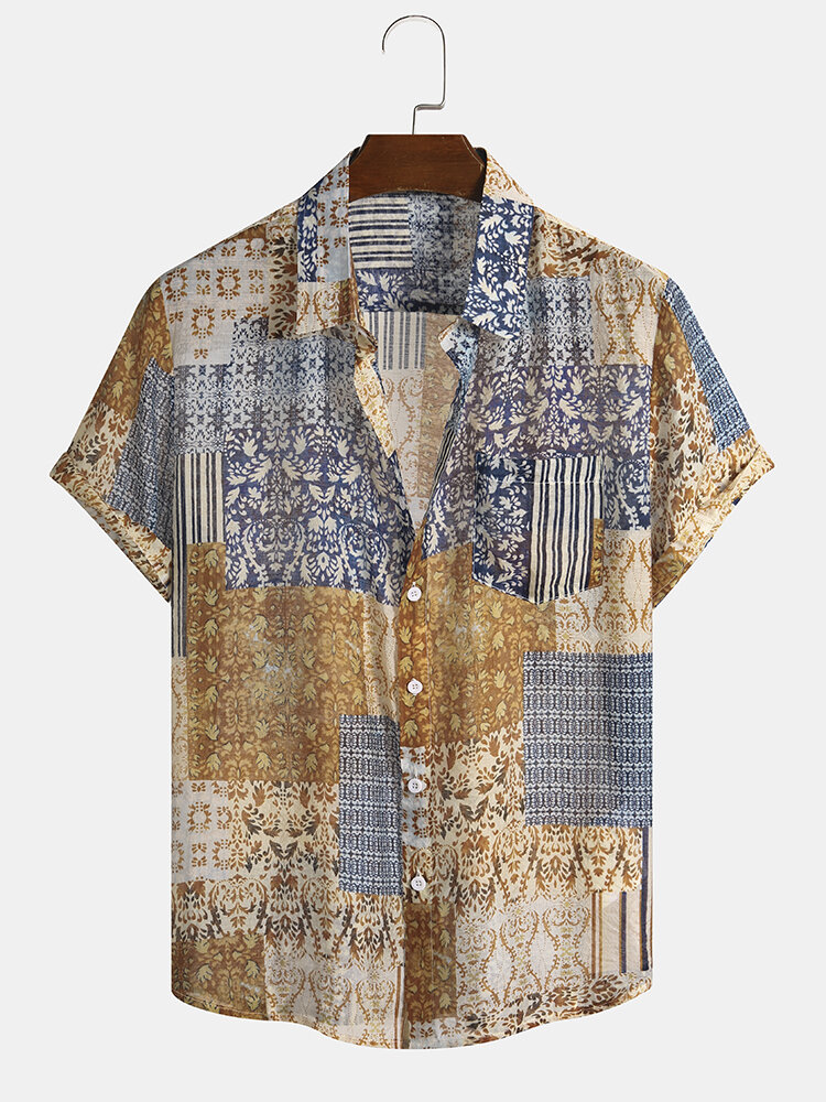 قمصان رجالي عرقية الأزهار ومخطط المرقعة بأكمام قصيرة مع جيب