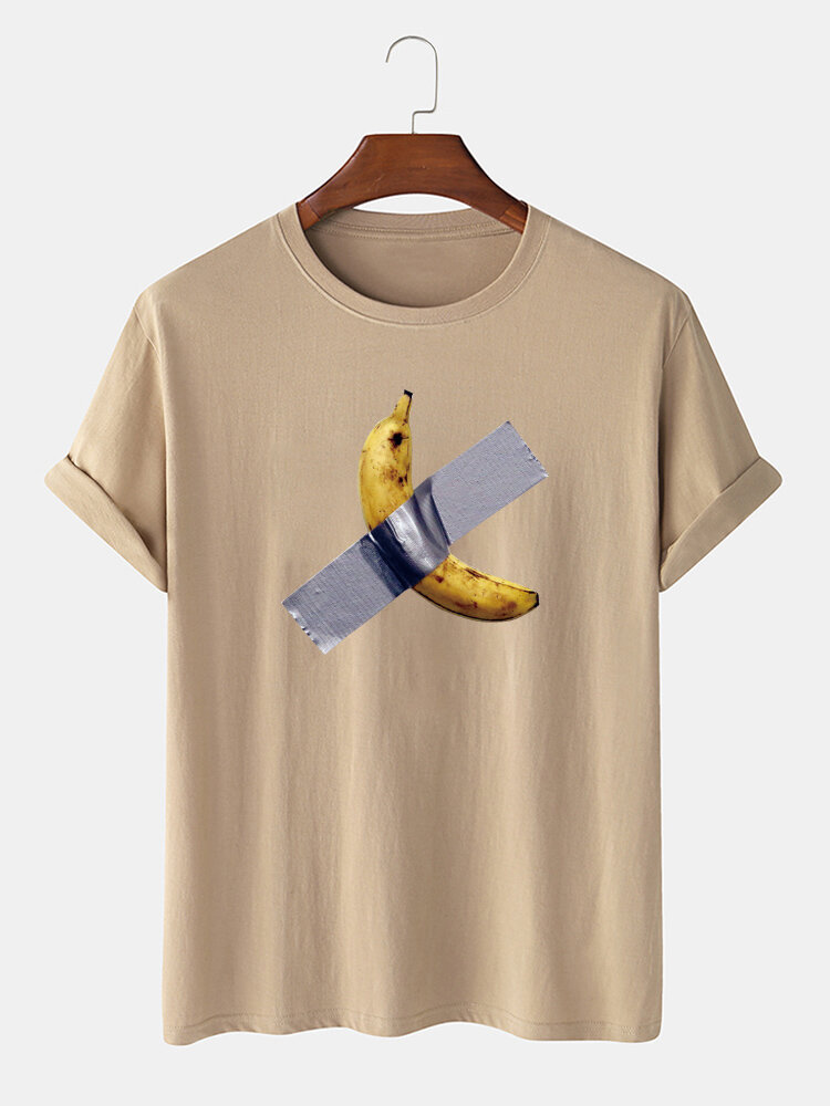 Mens 100% Cotton Banana Printed Breathable Casual O-Neck Short Sleeve T-shirts