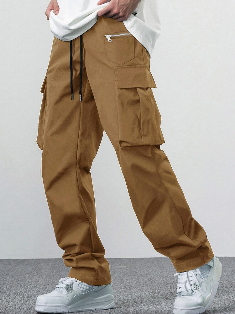 

Mens Solid Multi Pocket Casual Drawstring Waist Cargo Pants, Khaki