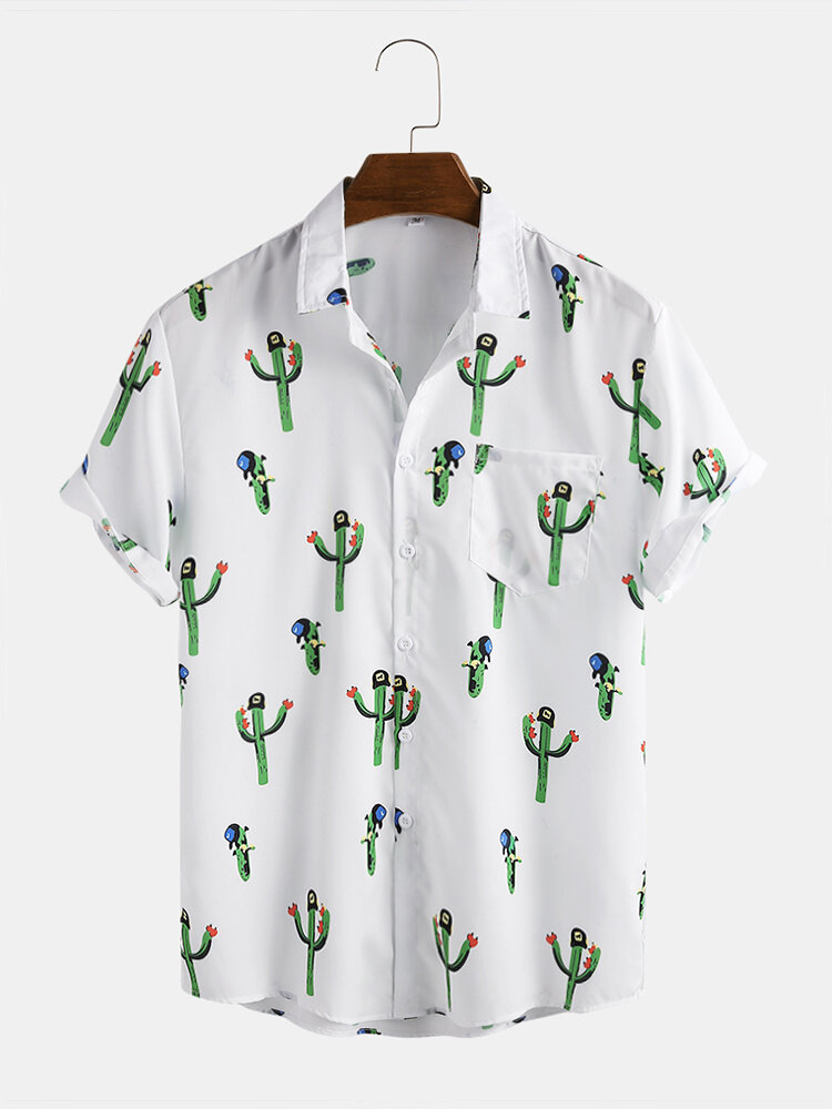 Mens Cute Cactus Design Printed Chest Pocket  Loose Short Sleeve Shirts