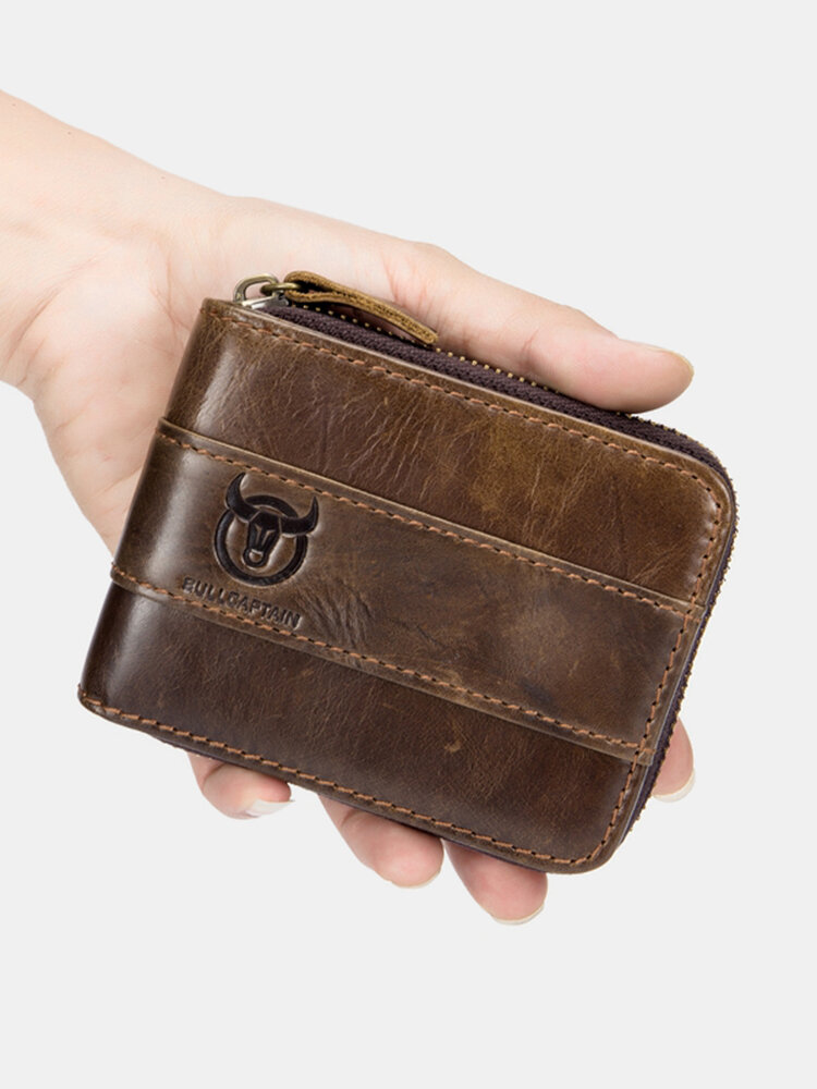 Bullcaptain RFID Antimagnetic Vintage Genuine Leather 11 Card Slots Trifold Wallet For Men