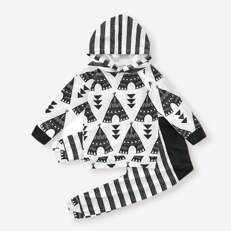 

Baby Cartoon Striped Print Hooded Set For 6-24M, Black