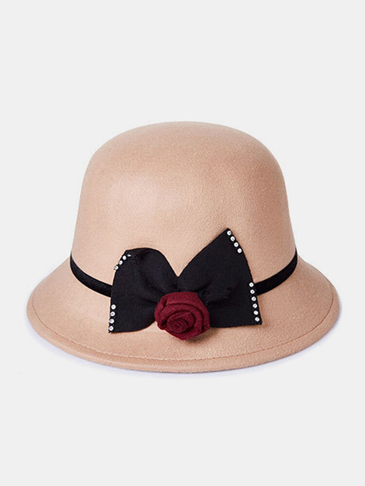 Women Woolen Cloth Solid Bowknot Rose Decoration Elegant Warmth Breathable Bucket Hat
