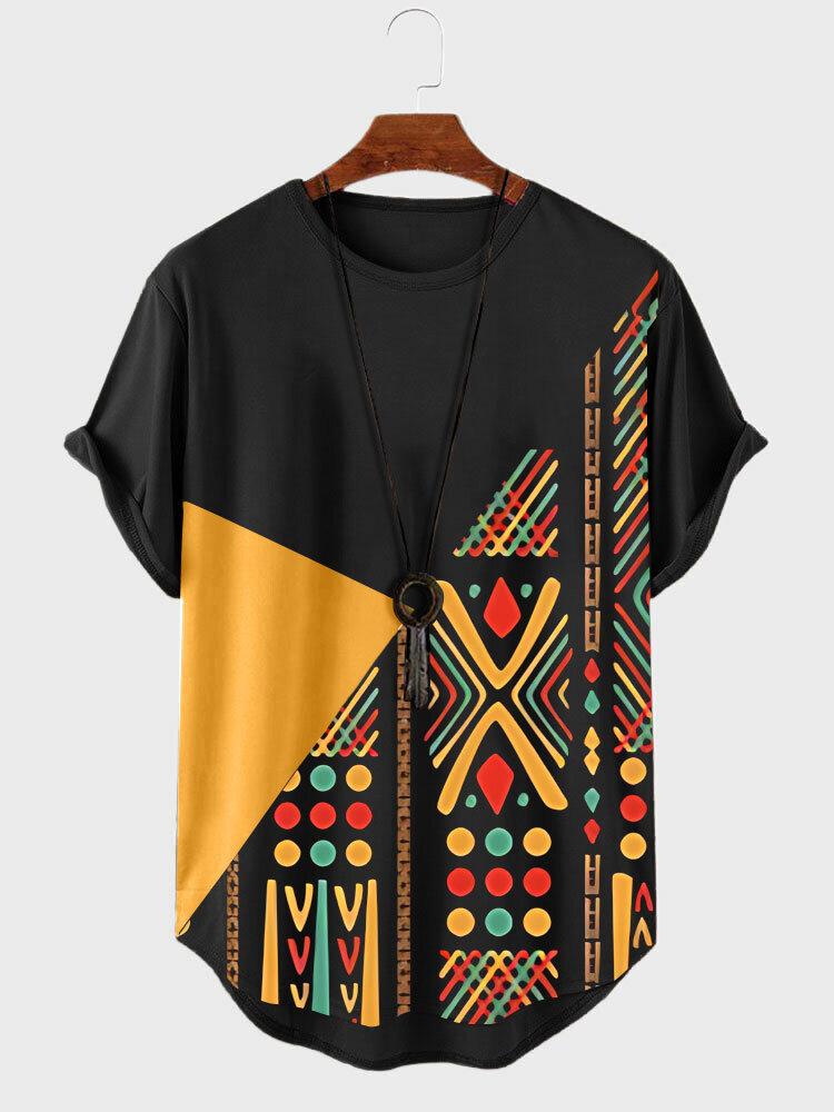 T-Shirts für Herren mit ethnischem geometrischem Druck, Rundhalsausschnitt, abgerundetem Saum und kurzen Ärmeln