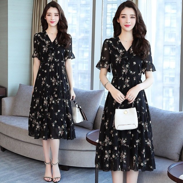 New Loose Thin Doll Collar Black Floral Long Skirt Lotus Leaf Sleeve Temperament Chiffon Dress