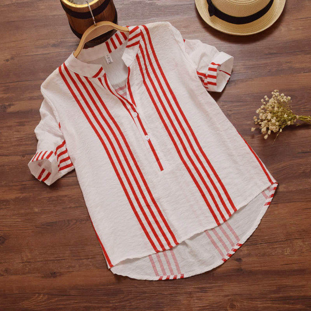 Loose V-neck Half-sleeve Holiday Casual Women's Striped Shirt