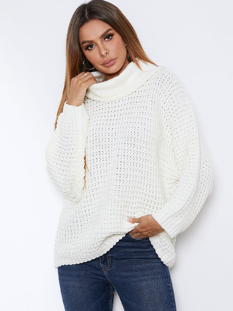 Solid Long Sleeve Hollow Turtleneck Casual Sweater For Women