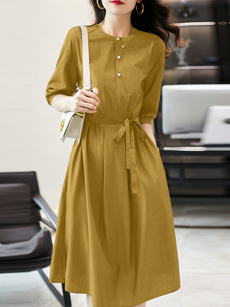 Solid Pocket Half Sleeve Button Front Dress With Belt
