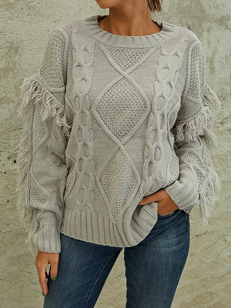Nomadic Solid Tassel Pullover Long Sleeve O-neck Sweater