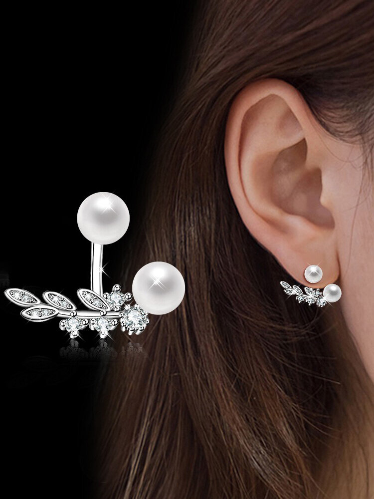 Colgante elegante Pendientes Diamante de imitación plateado Pendientes Gota de hojas de perla Mujer Pendientes 