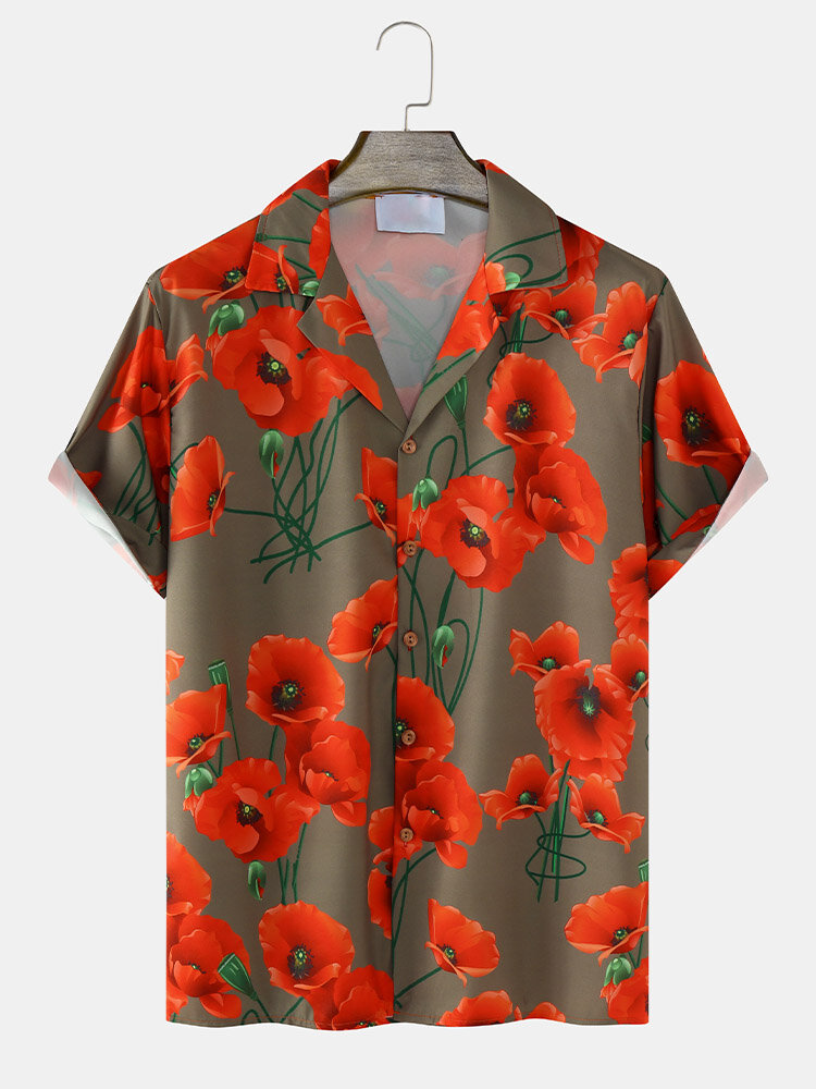 Mens Red Flower Printed Camp Collar Holiday Short Sleeve Shirts