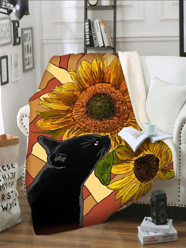 

Black Cat And Sunflower Pattern Blanket Coral Fleece Lunch Break Sofa Blanket Air Conditioning Blanket