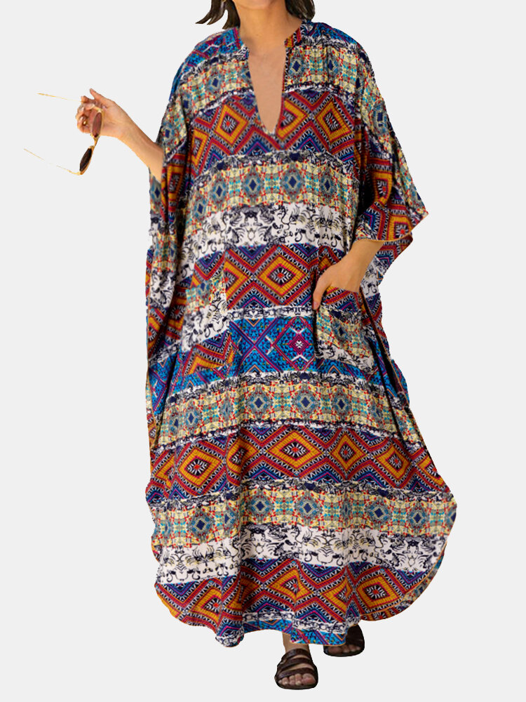 Ethnic Print Batting Sleeve Loose Vintage Maxi Dress For Women