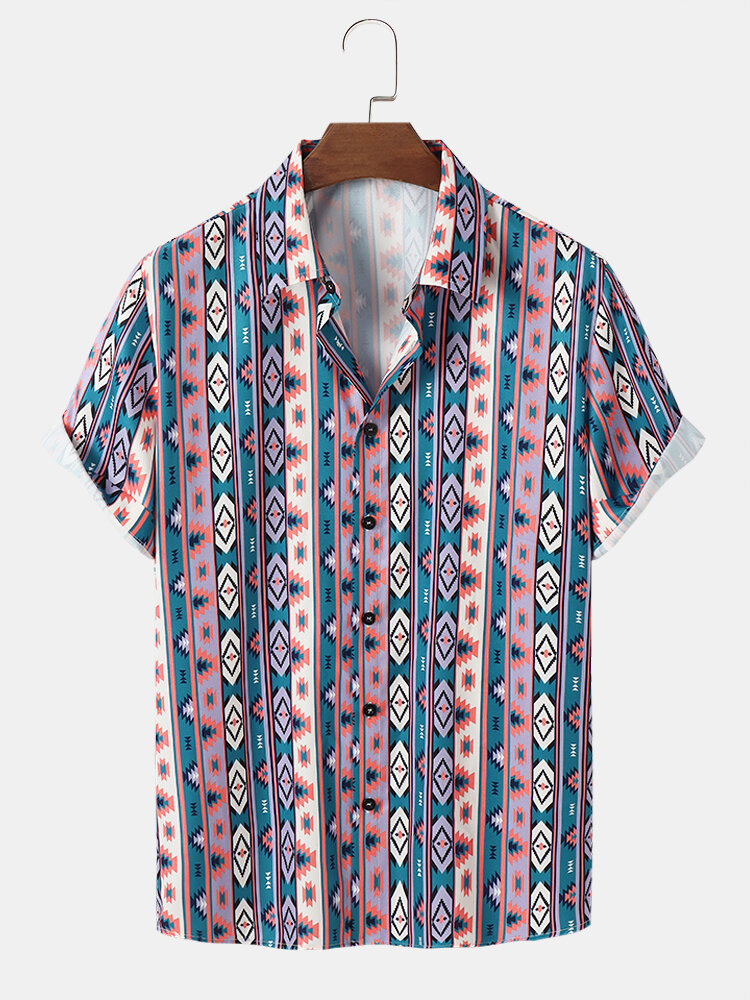 Mens Allover Ethnic Geometric Print Button Up Short Sleeve Shirts